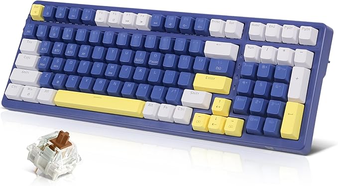 Qisan Wireless/Wired Mechanical Keyboard, Triple Mode 2.4G/USB-C/BT Wireless Gaming Keyboard, 100 Keys (98%) US Layout Brown Switch Rechargeable Ice Blue Backlit Keyboards | Blue & Yellow & White