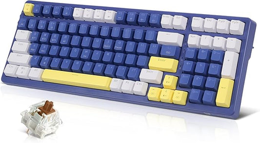 Qisan Wireless/Wired Mechanical Keyboard, Triple Mode 2.4G/USB-C/BT Wireless Gaming Keyboard, 100 Keys (98%) US Layout Brown Switch Rechargeable Ice Blue Backlit Keyboards | Blue & Yellow & White