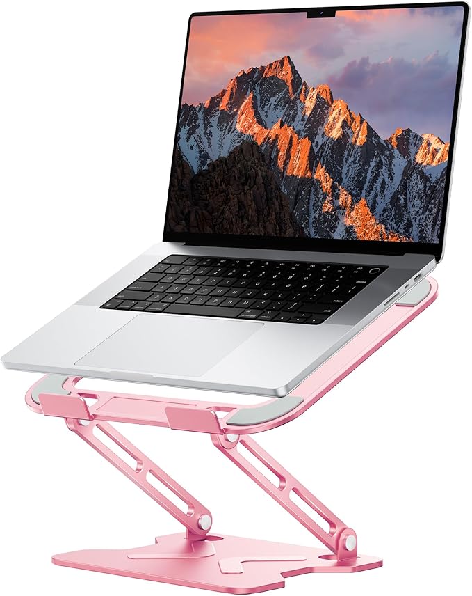 Adjustable Laptop Stand for Desk, Metal Foldable Laptop Riser, Portable Laptop Holder Mount, Ventilated Cooling Computer Notebook Stand for MacBook Air Pro, All 10-16'' Notebooks Laptops, Pink