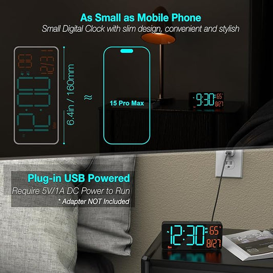 KOSUMOSU Digital Clock for Bedroom 6.7in Alarm Clocks for Living Room, Auto Dimming,Date,Week,Seconds,Indoor Temperature, Small Digital Alarm Clock for Classroom,LED Alarm Clocks for Bedrooms