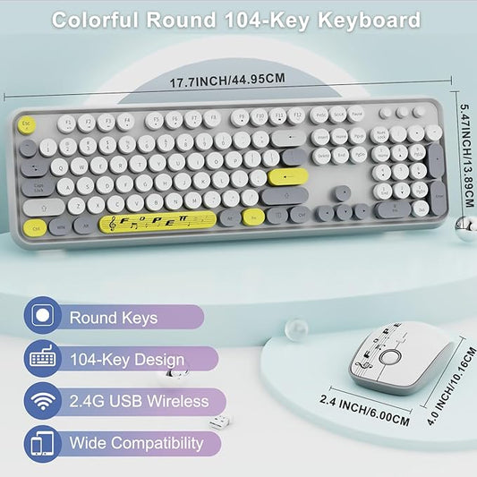 Wireless Keyboard Mouse Combo,Retro Typewriter Keyboard with Round Keycaps,2.4G Wireless Full Size Office Keyboard and Cute Mouse with 3 DPI for PC Mac Laptop Desktop Tablet Computer-Grey Colorful
