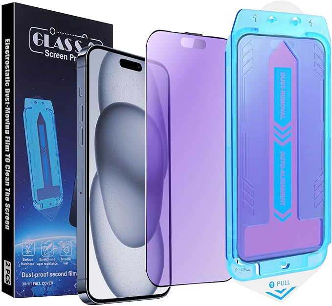 2-Pack Anti Blue Light Matte Screen Protector for iPhone 14 Pro Max /iPhone 15 Plus/iPhone 16 Plus, 9H Tempered Glass, Full Coverage, Anti-Fingerprint, Auto Dust-Elimination, No Bubble, Easy Installation
