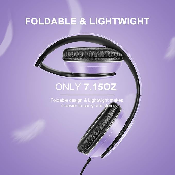Lorelei X6 Over-Ear Headphones with Microphone, Purple-Black Lightweight Foldable & Portable Stereo Bass, Wired for Smartphone & Tablet, MP3 (1.45M No-Tangle)