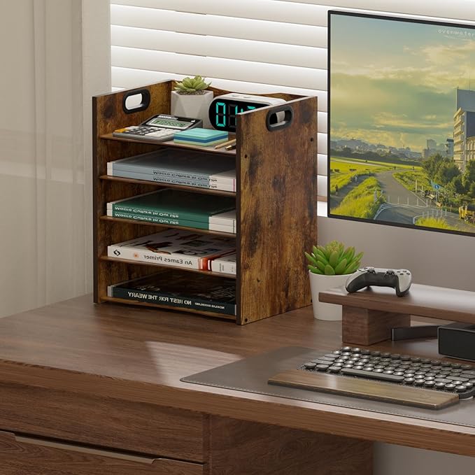 5-Tier Wood Paper Organizer, File Holder for Desk With Handle - Wooden Paper Letter Tray, Desk Organizer and Accessories, File Cabinet for Home Office, School