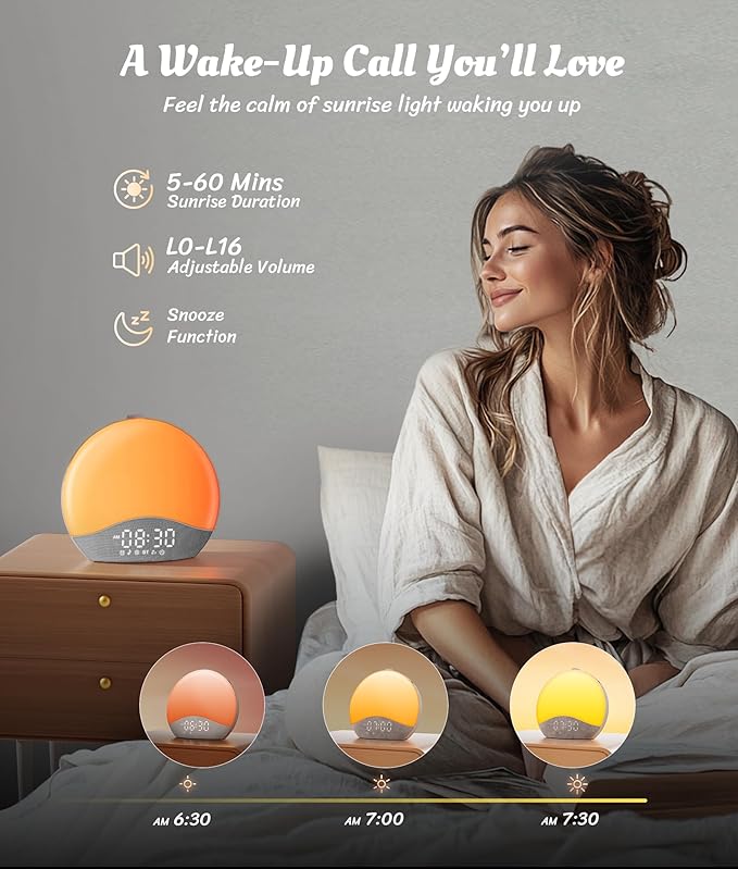ecozy Sunrise Alarm Clock, White Noise Sound Machine, Upgraded Backlit Buttons for Bedrooms, 26 Soothing Sounds, 17 Night Lights, Bluetooth Speaker, Wake Up Sunlight for Heavy Sleepers, Adults, Kids