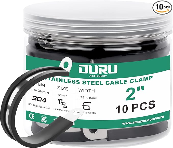 10pcs 2 Inch Stainless Steel Cable Clamps,Rubber Coated Cushioned Insulated Cable Clamp,Automotive Cable Wire Clamps,Pipe Clamps,Metal Clamp for Tube,Lines,Wire Cord Installation(Black,51mm)