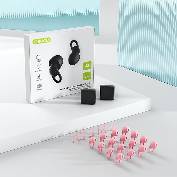 Silicone Reusable Soft Comfortable Earplugs for Sleeping, Flights & Noise Sensitivity - 16 Ear Tips in XS/S/M/L, with 2 Travel Boxes - 33dB Noise Cancelling (Pink)