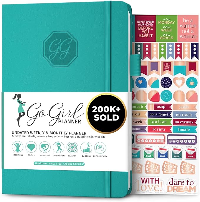 GoGirl Planner and Organizer for Women – A5 Size Weekly Planner, Goals Journal & Agenda to Improve Time Management, Productivity & Live Happier. Undated – Start Anytime, Lasts 1 Year – Turquoise
