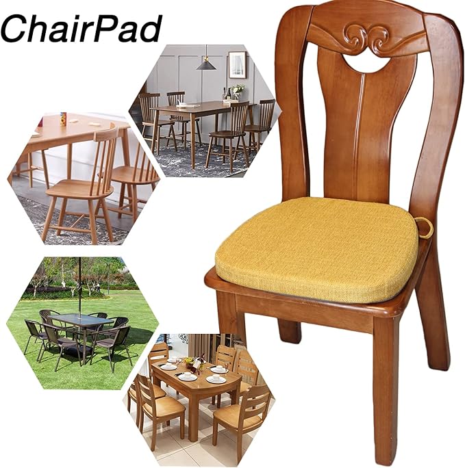 4 Pack Chair Pads for Dining Chairs - Memory Foam Non Slip Kitchen Chair Cushion and Seat Cushion with Machine Washable Cover [16.5 x 16.2 Inches] - (Yellow,4)