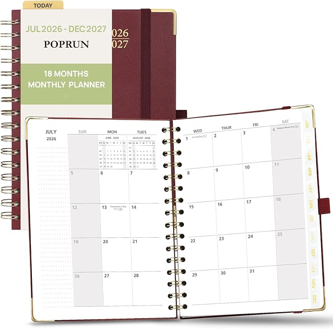 POPRUN Monthly Planner 2026-2027 Spiral Hardcover (6.25'' x 8.5''), 18 Months Calendar (Jan.2026-Jun.2027) - 2 Pages per Month with Dotted Note Pages, Sunday Start, Laminated Tab - Burgundy