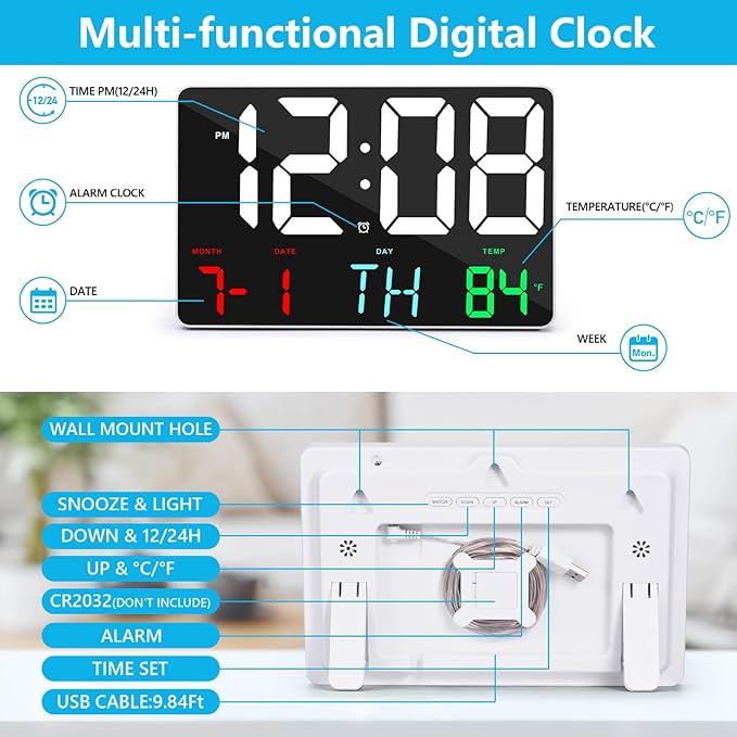 Amgico Digital Alarm Clock with Snooze, Temperature, Auto Dimming, 11.5" Large Display Calendar, Desk/Wall Clock for Bedroom, Living Room, Office, Home, Classroom, Kids, Elderly - Colorful