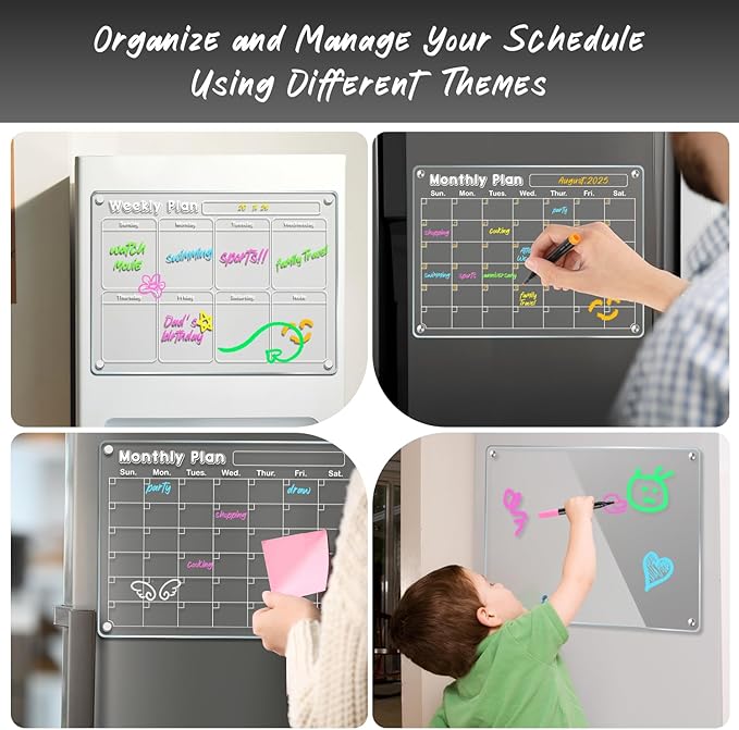DIYMAG Planning Pads 3Pack Acrylic Magnetic Dry Erase Calendar for Fridge, Clear Skylight Calendar Set 2025 Magnetic Weekly Monthly Memo Planner Board for Refrigerator with 6 Colors Markers