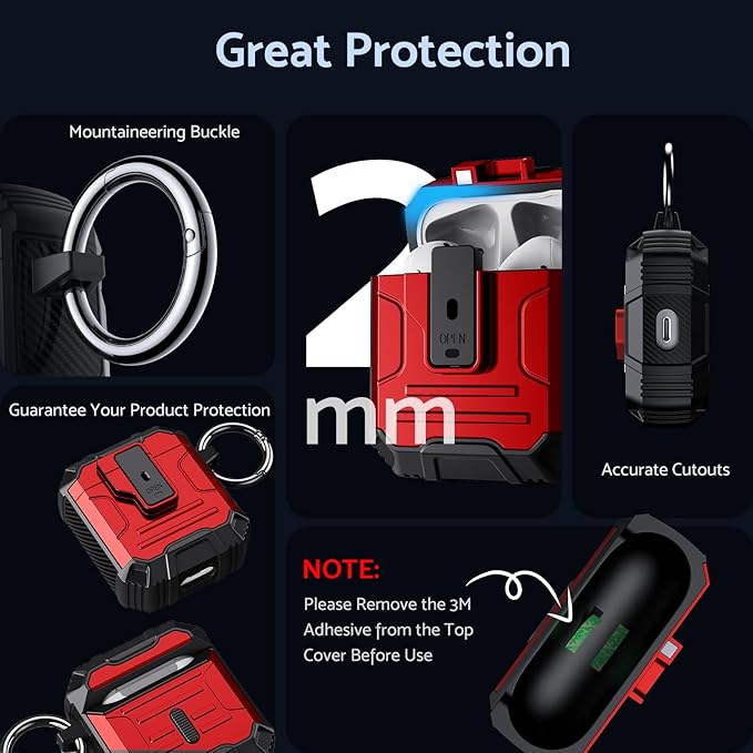 DASFOND Armor Cover AirPods 2nd & 1st Generation Case, Military Grade Full Body Shockproof Protection Hard Case, Support Wireless Charging with Keychain, Magnetic Lid, Front LED Visible, Red