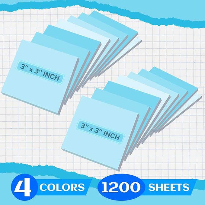 24 Pads Sticky Notes 3x3 Inch Self Stick Bright Color Sticky Note Sticking Posted Notes for School Office Classroom Meeting Home Teacher Supplies, 50 Sheets/pad(Gradient Blue)
