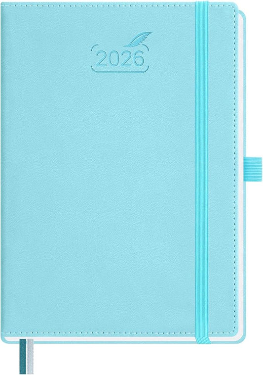 BEZEND 2026 Planner Weekly and Monthly (6" x 8.5") Daily Calendar with Half-Hourly Timeslots & Tabs (Jan-Dec) Note & Expenses, Pen Holder, Inner Pocket, Vegan Leather Hardcover - Sky Blue