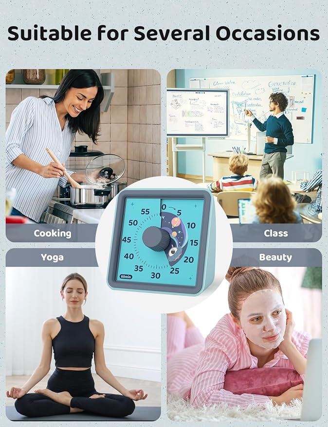 LIORQUE 60 Minute Visual Timer for Kids, Visual Countdown Timer for Classroom Office Kitchen with 'Space Ship' Pattern Design, Pomodoro Timer with Silent Operation (Batteries Included)