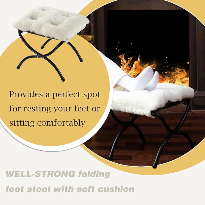 15" Foldable Foot Stool Ottoman with Metal Frame - Washable Faux Fur Beige Upholstered Indoor/Outdoor Footrest for Living Room, Bedroom, Patio - Space-Saving Compact Design