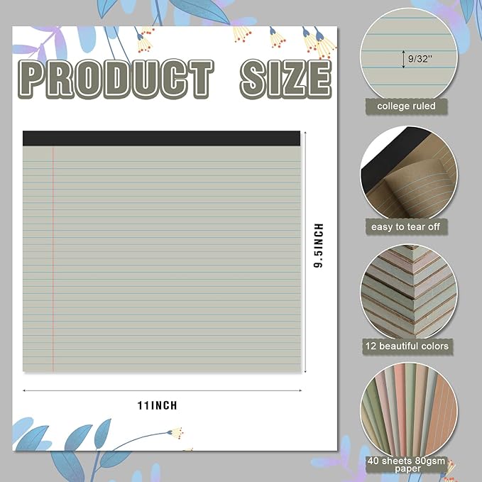 Lincia 12 Pcs 11" x 9.5" Legal Pads College Ruled Notepad Landscape Notebook Horizontal Lined Notebook 80 Gsm Assorted Colors Paper Pastel Writing Pads for School Office, 40 Sheet (Sweet Color)