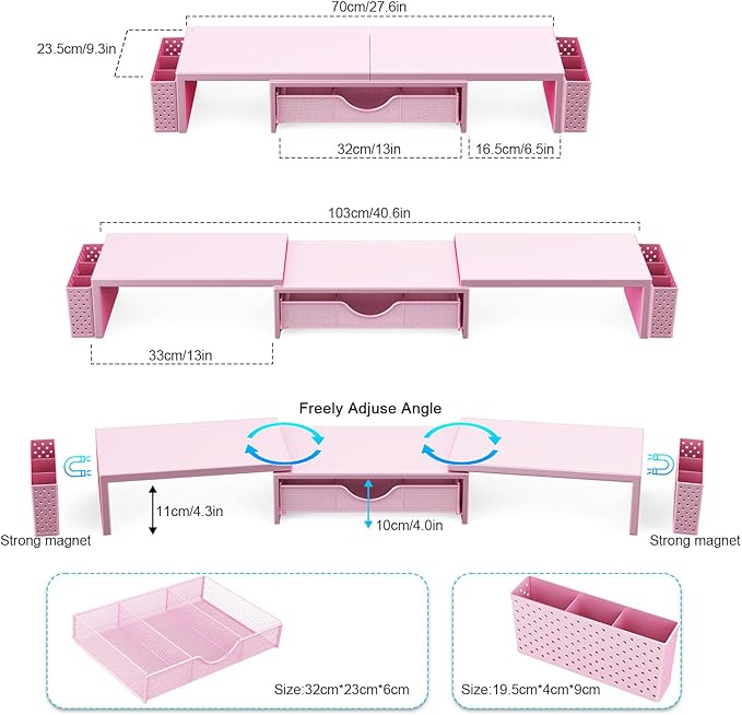 Spacrea Metal Desk Organizers and Accessories, Dual Monitor Stand Riser with Drawer and 2 Pen Holders, Desk Accessories & Workspace Desktop Organizers for Office Supplies (Pink)