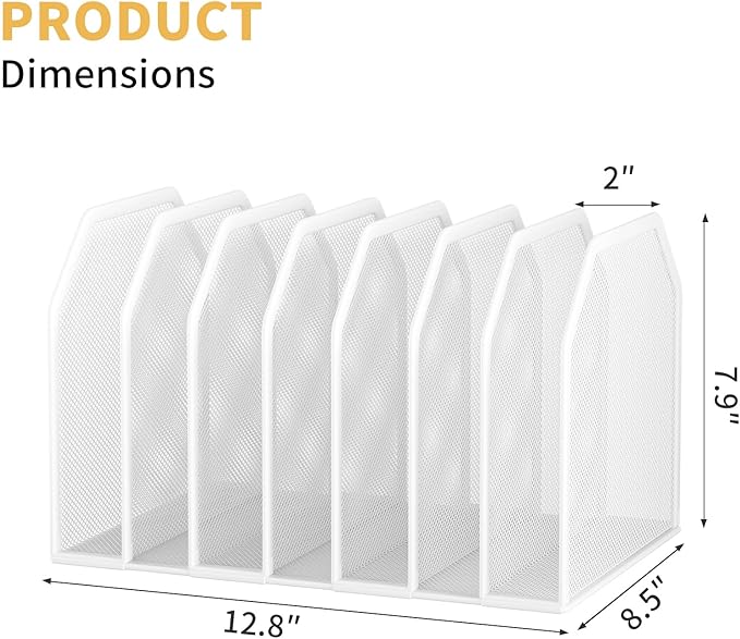 Metal 7 Section File Folder Organizer for Desk | Vertical Office File Holder | Heavy-Duty Mesh Document Sorter for Books, Binders, Laptops | White Desk Organizer (12.8”x8.5”x7.9”)