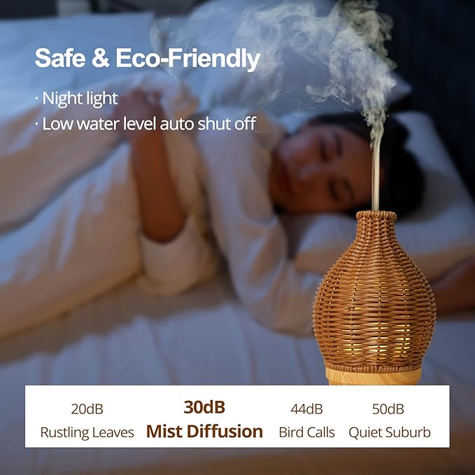 Rattan Woven Essential Oil Diffuser, Aroma Humidifier with Timer and Waterless Auto-Off, 80ML Ultrasonic Aromatherapy Diffuser with Warm Light for Office and Home