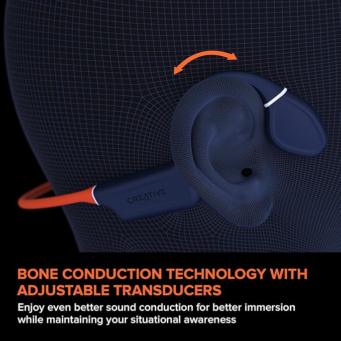 Creative Outlier Free Pro+ Wireless Waterproof Bone Conduction Headphones with Adjustable Transducers, Built-in 8 GB MP3, Multipoint connectivity, Up to 10 Hours of Battery Life, Mic (Blue & Orange)