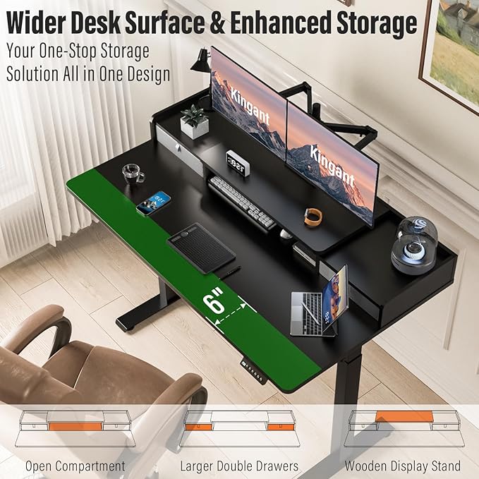 Kingant 55" x 30" Standing Desk with Drawers, Large Desktop, Ergonomic Sit Stand Desk for Home Office Work, Cable Management, 3 Preset Heights & 2 Hooks, Classic Black