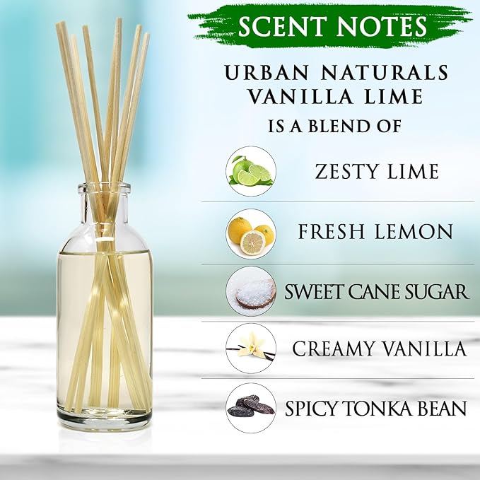 Urban Naturals Vanilla Lime Reed Diffuser Set | Made with Essential Oils | Zesty Lime, Sweet Cane Sugar, Creamy Vanilla & Tonka Bean | Made in The USA