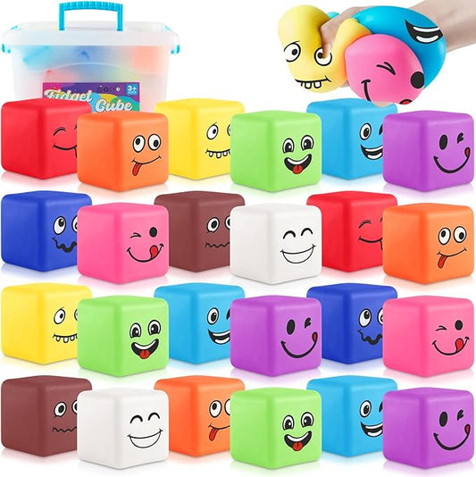 Slow Rising Stress Cube 24 Pack, Square Cube Fidget Ice Cube Stress Balls, Dough Stress Balls Soft Fidget Squishy Toys for Anxiety Relief, Pull Stretch Squishy Toy, Classroom Prize (Smile 24PACK)