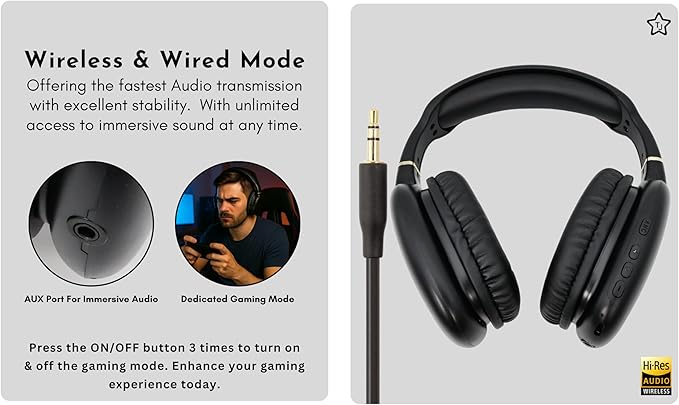 TJ Active Noise Cancellation Bluetooth Over Ear Headphones | Supersoft Leather Wireless Headset Wired Built-in MIC 24H Playtime High Res Audio Travel/Work/Students/Running/Gym(Black)