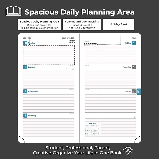 Planner 2025-2026 Daily Weekly and Monthly,6.5"x3.75",18 Months Spiral Bound Calendar Agenda with Self-adhesive Pen Holder,2026 Academic Plan with Vegan Leather Soft Cover,Black