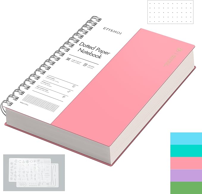 EMSHOI B5 Spiral Notebook Bullet Dotted journal, Large 7.48" X 10.15", 300 Pages/150 Sheets, 100gsm Dot Grid Paper, Waterproof Hardcover, for Office School Women Men Work Writing Notes-Pink