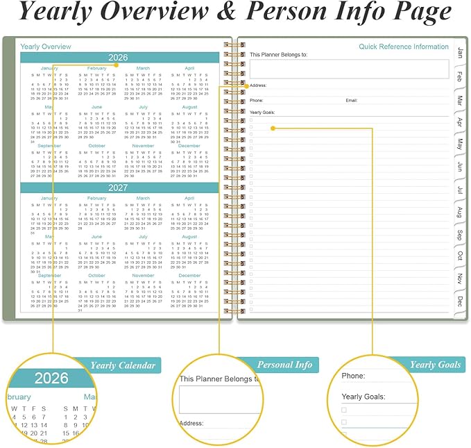 2026 Daily & Monthly Planner - One Page Per Day, Daily Planner from January 2026 - December 2026, Planner 2026 with 12 Monthly Tabs, 8.5" x 11", Green