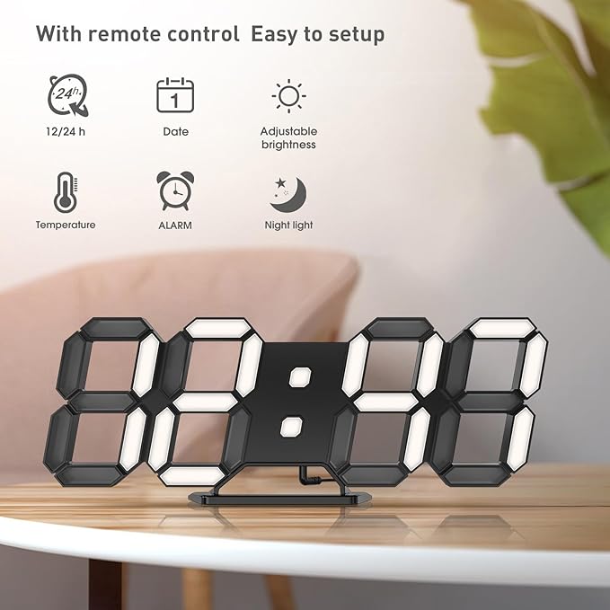 EDUP HOME 3D LED Clock Desk Alarm Clock Wall Clock with Remote Control, 9.7" LED Electronic Clocks, Snooze Model, Temperature, Night Light Auto/Custom Brightness