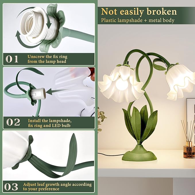 Cute Flower Table Lamp, Large Vintage Bedside Flower Lamp, 3 Colors Temperature Flower Lamp for Bedroom Living Room Bedside Reading Lighting Table Desk Lamps Home Decoration (Green)