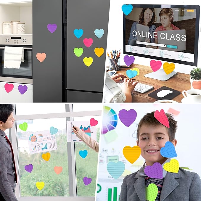Teling 24 Pcs Heart Shape Lined Sticky Notes Cute Sticky Notes Bright Colorful Sticking Power Memo Pads Red Heart Self Notepads for Office School 3x3 Inch(Bright Colors)