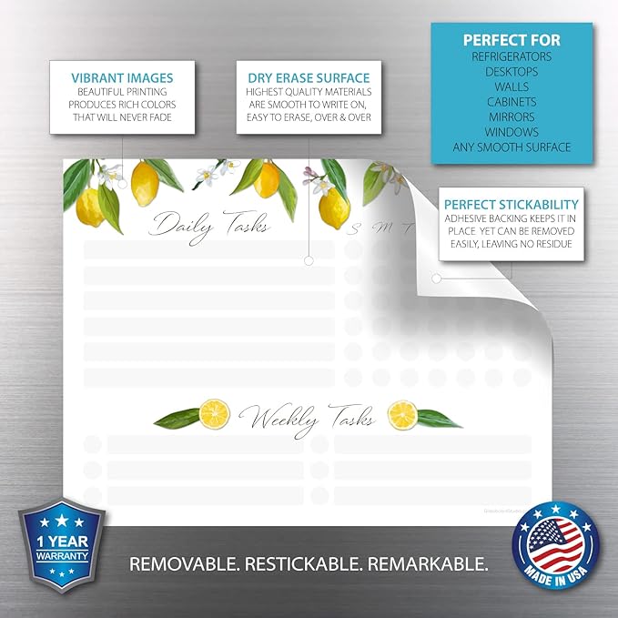 Dry Erase Whiteboard Task Planner | Removable and Restickable Adhesive Decal | Fine-Tip Magnetic Marker Included (9 x 12 inches, Lemon)