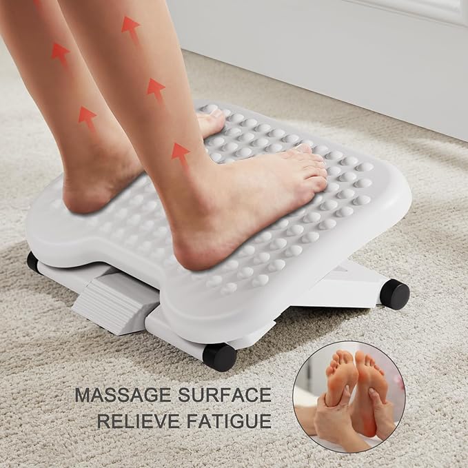 HUANUO Adjustable Desk Footrest, Foot Rest for Under Desk at Work with Massage, Adjustable Foot Stool with 3 Height Position & 30 Degree Tilt Angle Adjustment for Home, Office, White