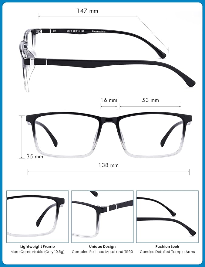 GUDVUE Mens Blue Light Glasses Rectangle Computer Glasses Gaming Glasses, Black/Crystal PRO