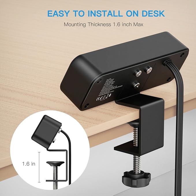 3 Outlet Desk Clamp Power Strip with USB C, Black Flat Plug Desktop Edge Clamp Power Socket Connect 6.5 ft Thin Extension Cord for 1.6 inch Tables
