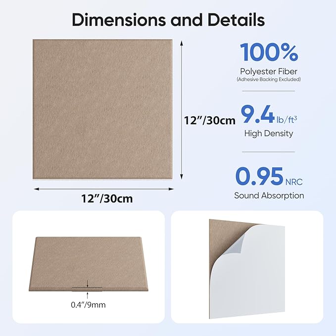 12 Pack 12" X 12" X 0.4" Acoustic Panels for Wall Sound Absorbing,Square Self-Adhesive Sound Panels, High Density Suitable for Multiple Scenarios(Dark Camel)