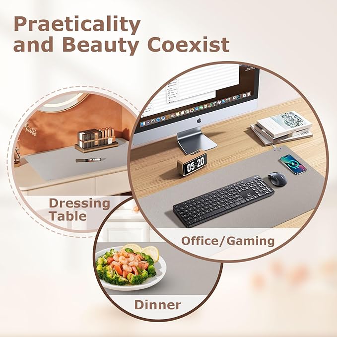 Wireless Charging Mouse Pad Firelison 2 in 1 Leather Multifunctional Office Desk Pad with Non-Slip Rubber Base, Waterproof Desk pad for Computers/Office/Work/Home/Decor（ 32" x 16"Grey - R）