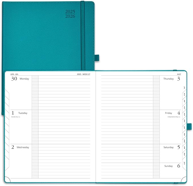 POPRUN Planner 2025-2026 (Large 8.5''x 10.5''), Horizontal Weekly Notebook Jul.2025 - Jun.2026, Academic Appointment Book with Monthly Tabs, Leather Hardcover, Inner Pocket, 100 GSM - Pacific Green