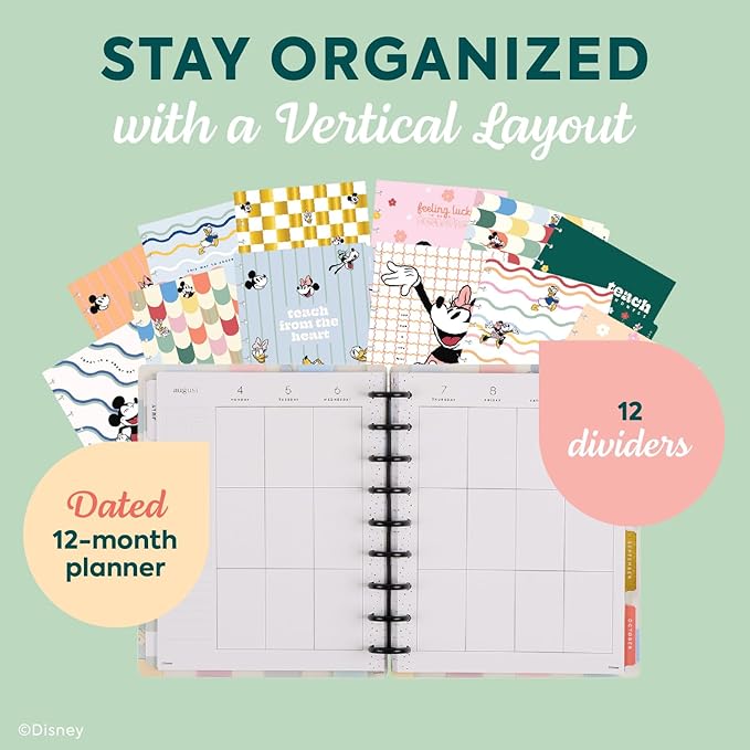 Happy Planner Disney Disc-Bound 12-Month Academic Planner, July 2025–June 2026 Planner, 3 Extra Months, 2 Sticker Sheets, Classic Size, Vertical Layout, Mickey Mouse & Friends Theme, Current Classroom, 7" x 9.25”