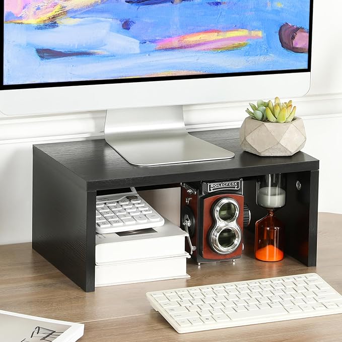 TEAMIX 14.2 inch Monitor Stand Riser, Wood Monitor Riser with Storage for Desk Small Monitor Stand TV/Screen/PC/Laptop Riser Computer Stand Desktop Shelf (Black-Higher)