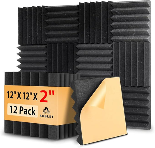 12 Pack Acoustic Foam Panels – 12" x 12" x 2" Self-Adhesive Wedge Soundproof Wall Panels, High Density & Fire-Resistant Foam for Studio, Home, Office Walls