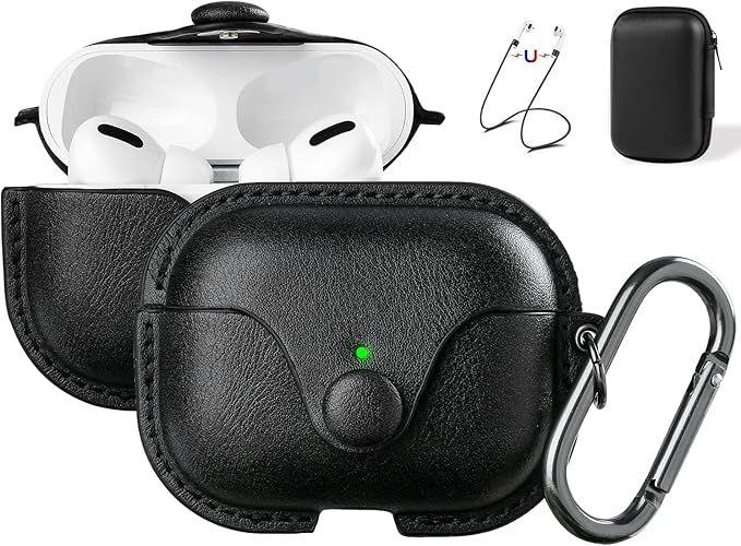 Maxjoy for AirPods Pro 2 Case Leather, Airpods Pro Leather Case Cover with Keychain Airpod Strap Compatible with Apple Airpod Pros 2nd Generation 2023 2022/AirPods Pros 2019 (Front LED Visible), Black