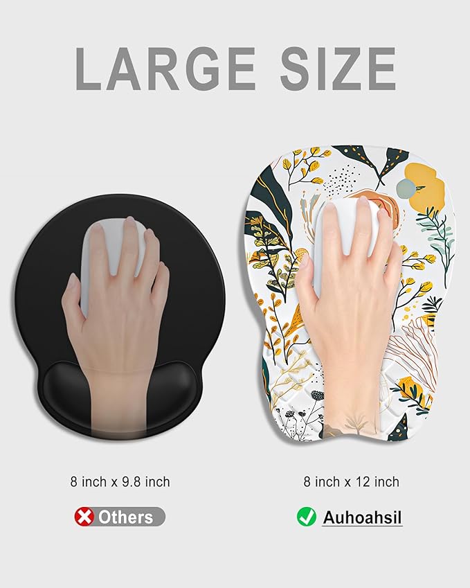Auhoahsil Ergonomic Mouse Pad with Wrist Rest, Slope Computer Mouse Mat with Wrist Support, Memory Foam Filling, Non-Slip Silicone Base, Pain Relief, for Gaming & Work, 8 x 12 in, White Flowers