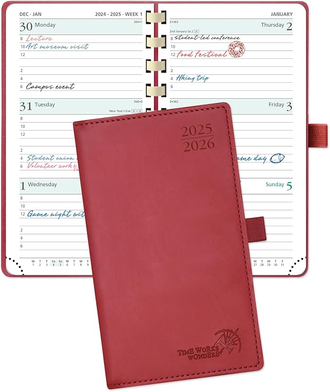 POPRUN Pocket Planner 2025-2026 (Slim Size 3.5'' x 6.5'') Academic Purse Calendar (July 2025 - June 2026) with Hourly Time Slots, 100GSM Thick Paper, Spiral Soft Cover - Burgundy Red