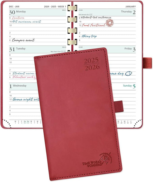 POPRUN Pocket Planner 2025-2026 (Slim Size 3.5'' x 6.5'') Academic Purse Calendar (July 2025 - June 2026) with Hourly Time Slots, 100GSM Thick Paper, Spiral Soft Cover - Burgundy Red